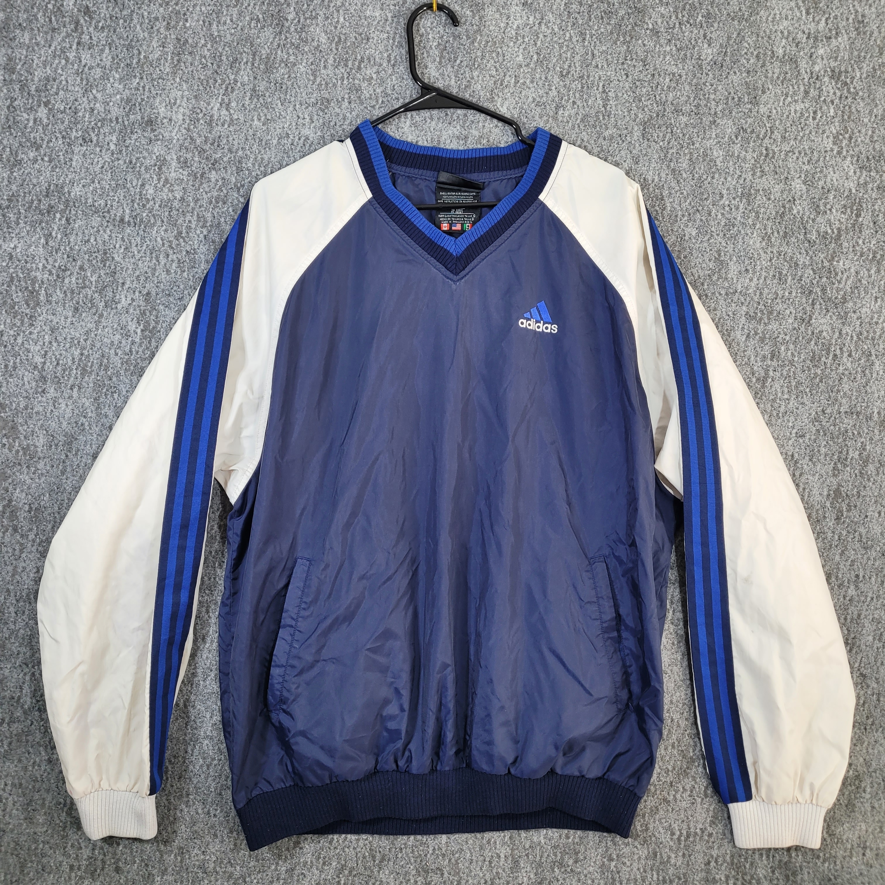 Vintage 90s Adidas V Neck Pullover Windbreaker Jacket Men's L Blue White Black